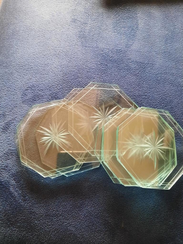 Vintage glazen onderzetters met houder  10 stuks, Ophalen of Verzenden