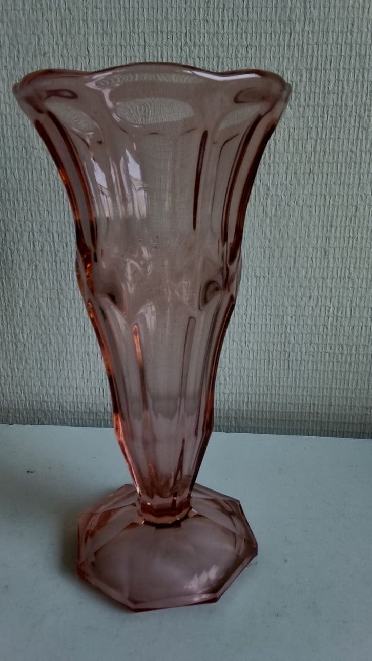vintage art deco persglazen vaas jaren 30 rosé, 27 cm, Ophalen of Verzenden