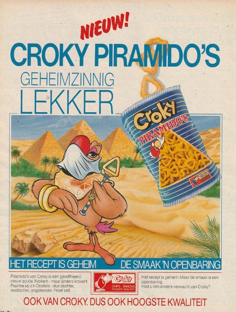 Retro reclame 1986 Croky chips piramido's geheimzinnig, Verzenden, Overige typen