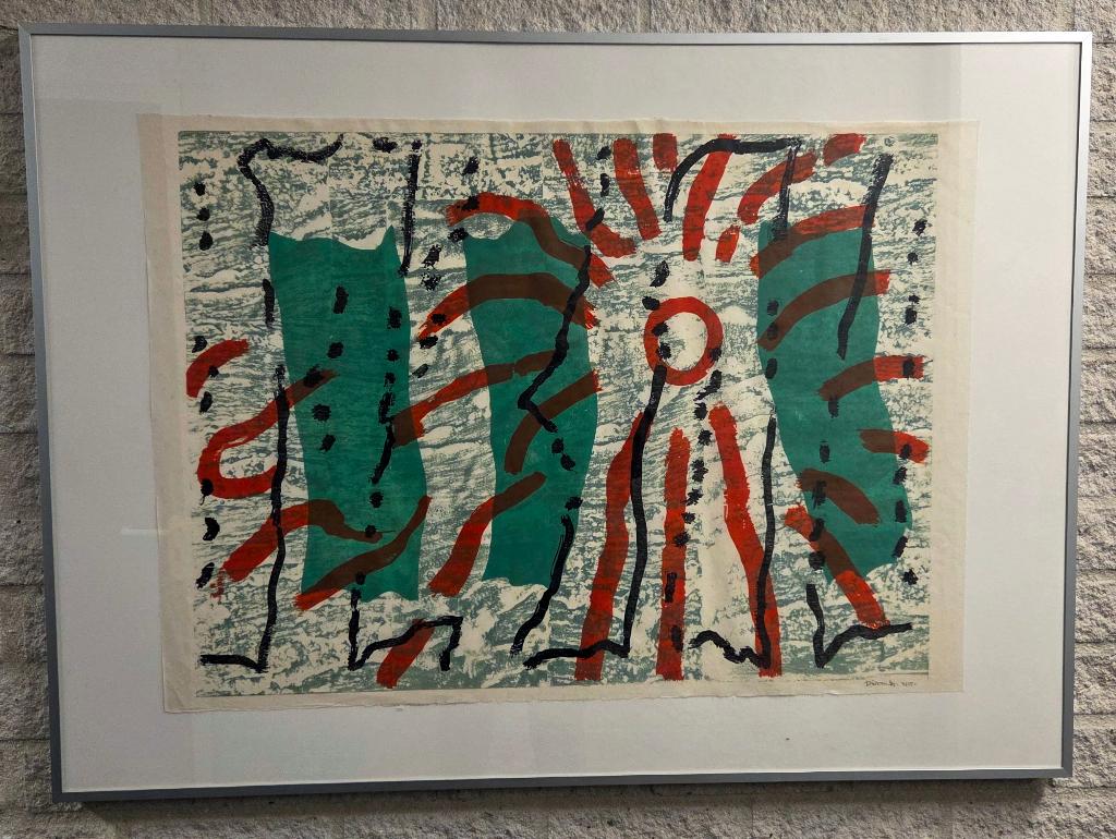 Jef Diederen, hout-/linosnede in rood/groen, ('89 3/55), Antiek en Kunst, Ophalen