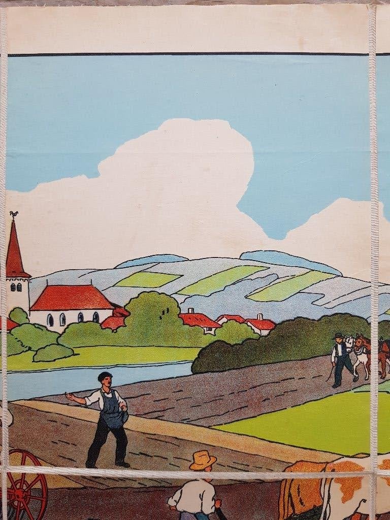 Hooi oogsten oude schoolplaat uit Frankrijk litho op canvas., Antiek en Kunst, Origineel, Ophalen of Verzenden, Landschappen, Lithografie