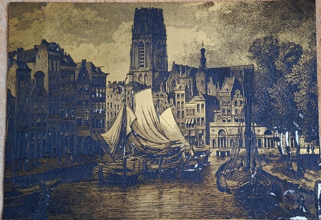 Etsplaat van de 19e eeuwse Rotterdamse binnenstad, 44 cm, 1800 - 1899, Ophalen of Verzenden, 56 cm