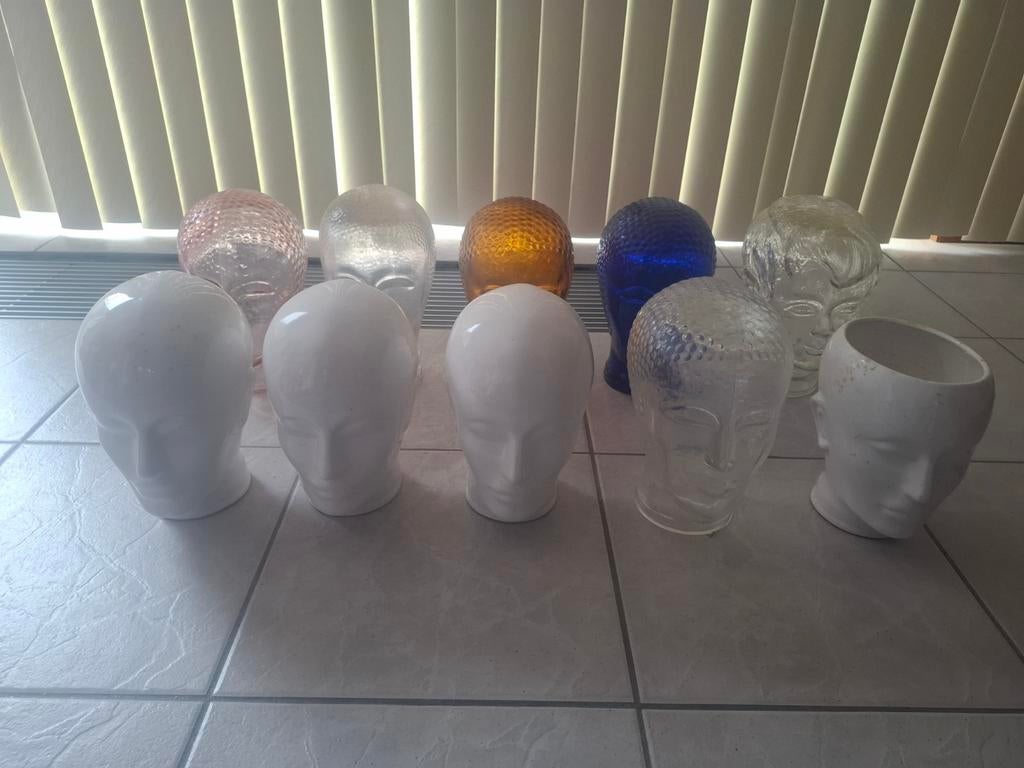 Set van 19 etalagehoofden - glas en keramiek, Antiek en Kunst, Ophalen of Verzenden