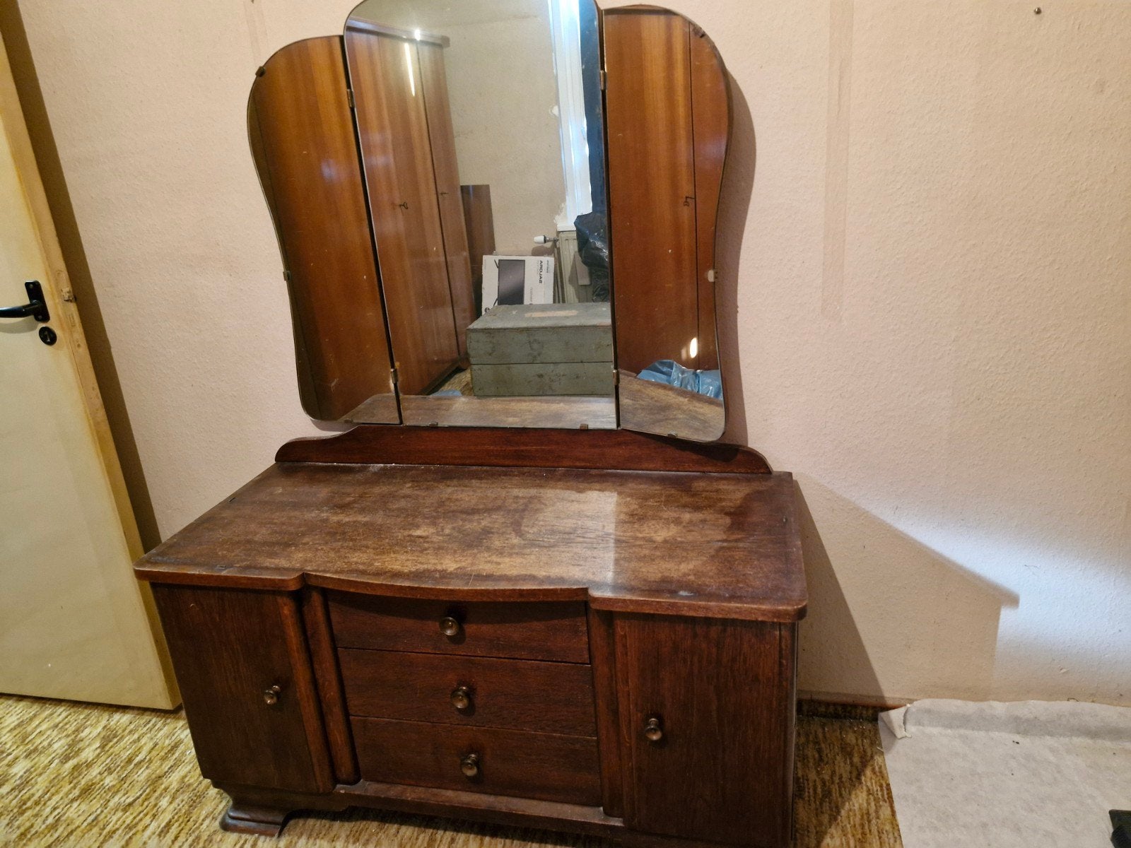 Een eiken kaptafel met grote spiegel, Ophalen, Gebruikt, 50 tot 100 cm, Minder dan 100 cm