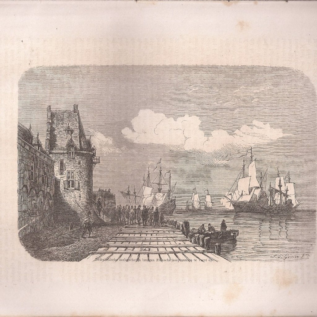 Veere Nederlandsche oorlogsschepen brengen Franse koopvaar, Origineel, 1800 - 1899, 19 cm, Ophalen of Verzenden
