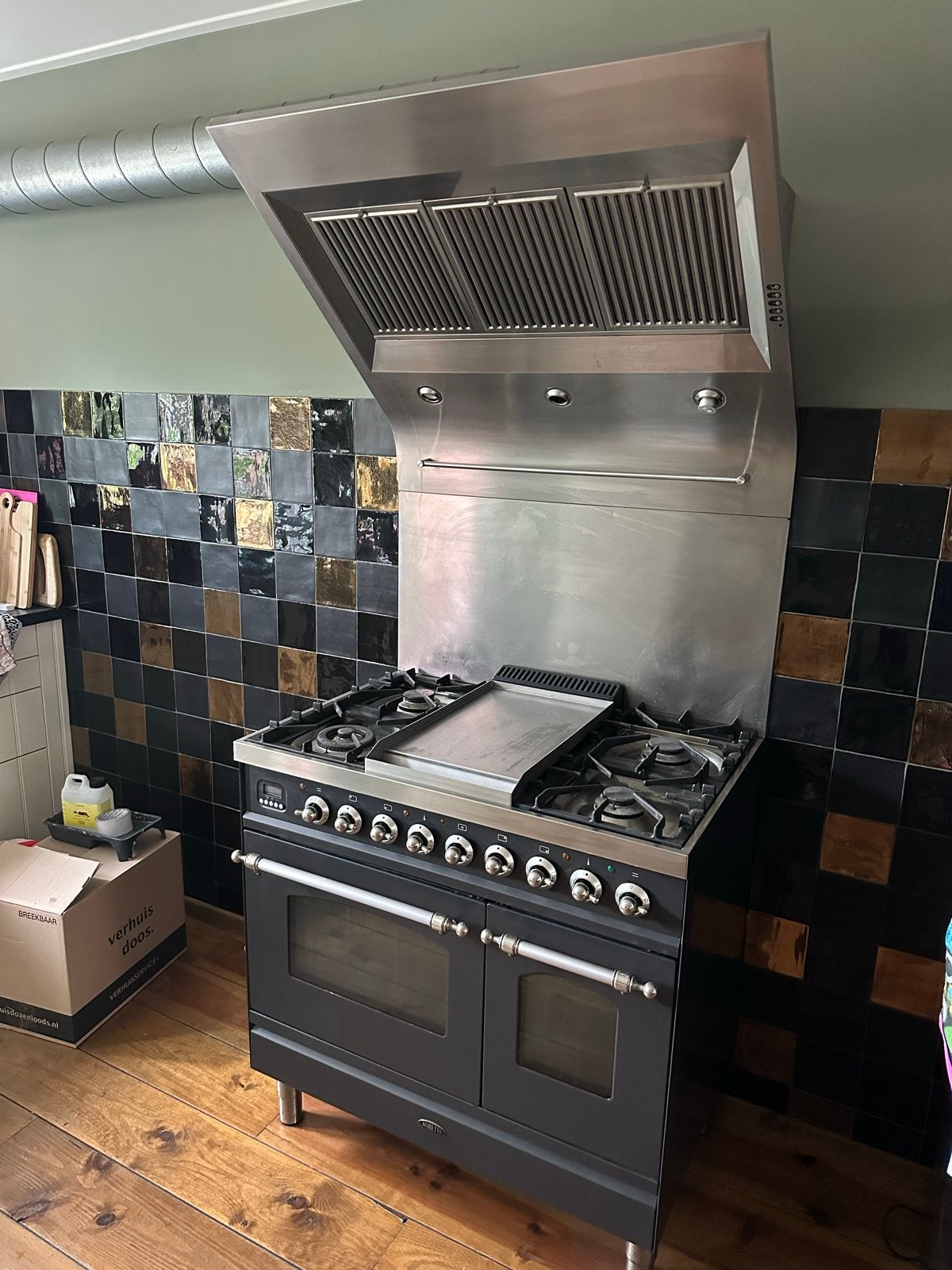Boretti gasfornuis met bakplaat, twee ovens en afzuigkap, Ophalen, Gebruikt, 60 cm of meer, Grill