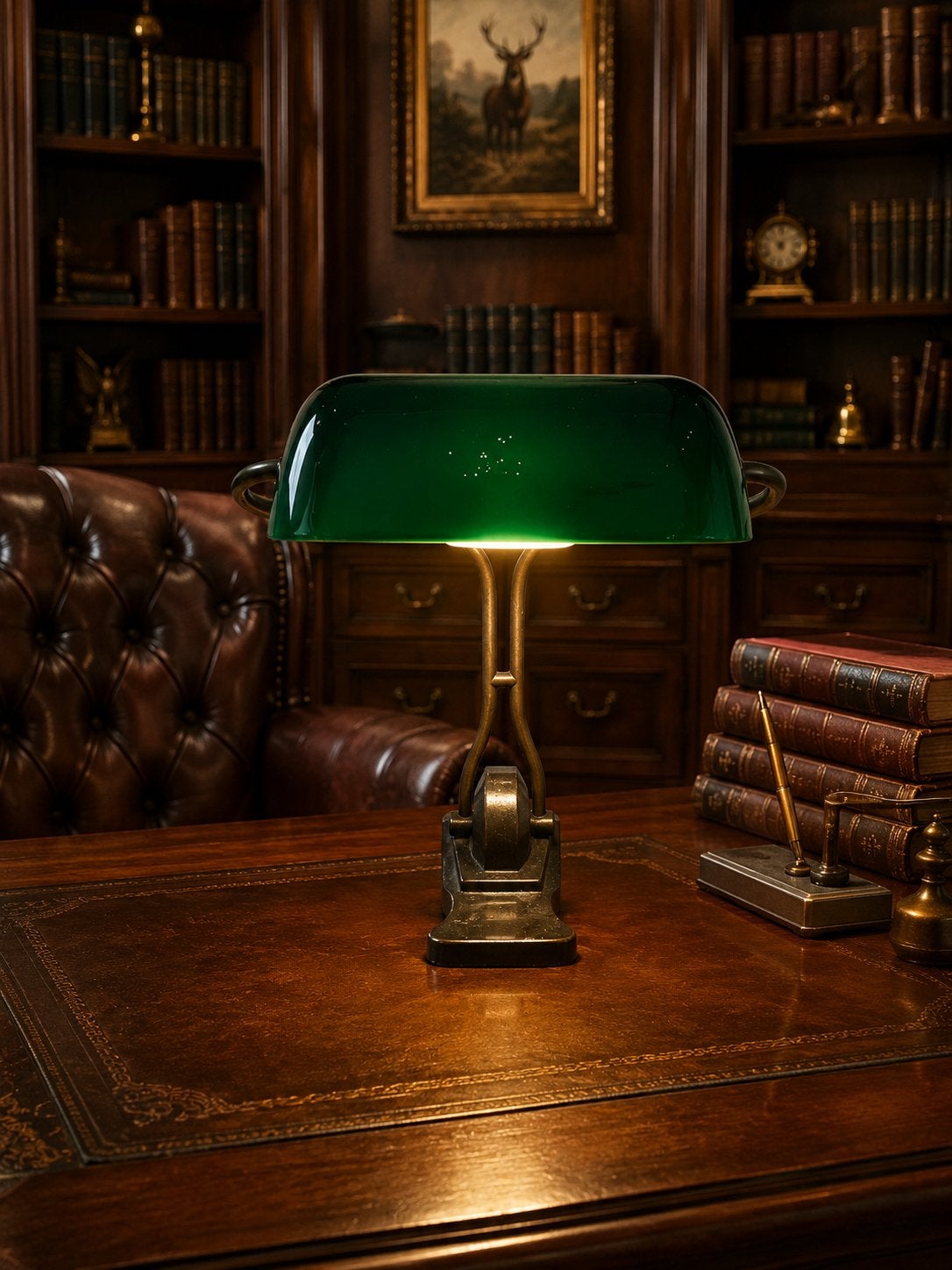 Antieke bankierslamp notarislamp brons met groen glazen kap, Ophalen of Verzenden