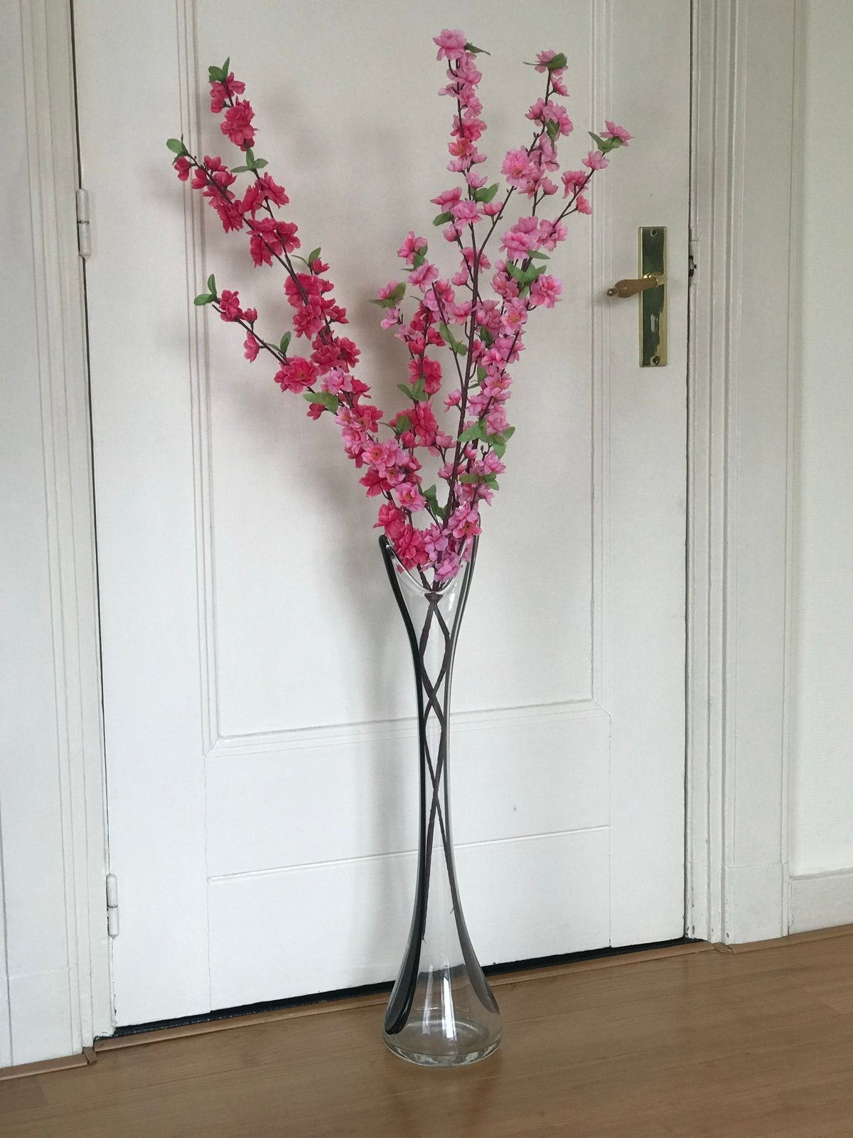 Grote glazen vaas met kunstbloemen - Roze bloesem, Ophalen, Transparant, Inclusief decoratie, Glas