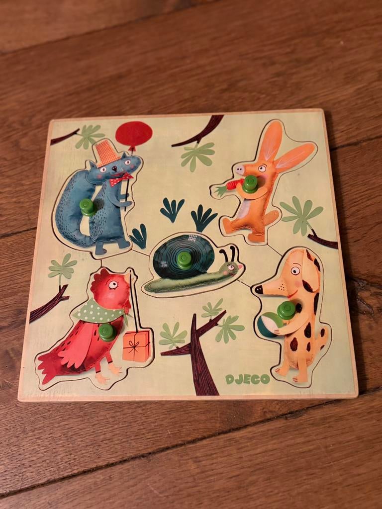 5 delige houten puzzel Djeco, Ophalen of Verzenden, Minder dan 10 stukjes, Zo goed als nieuw, 6 maanden tot 2 jaar