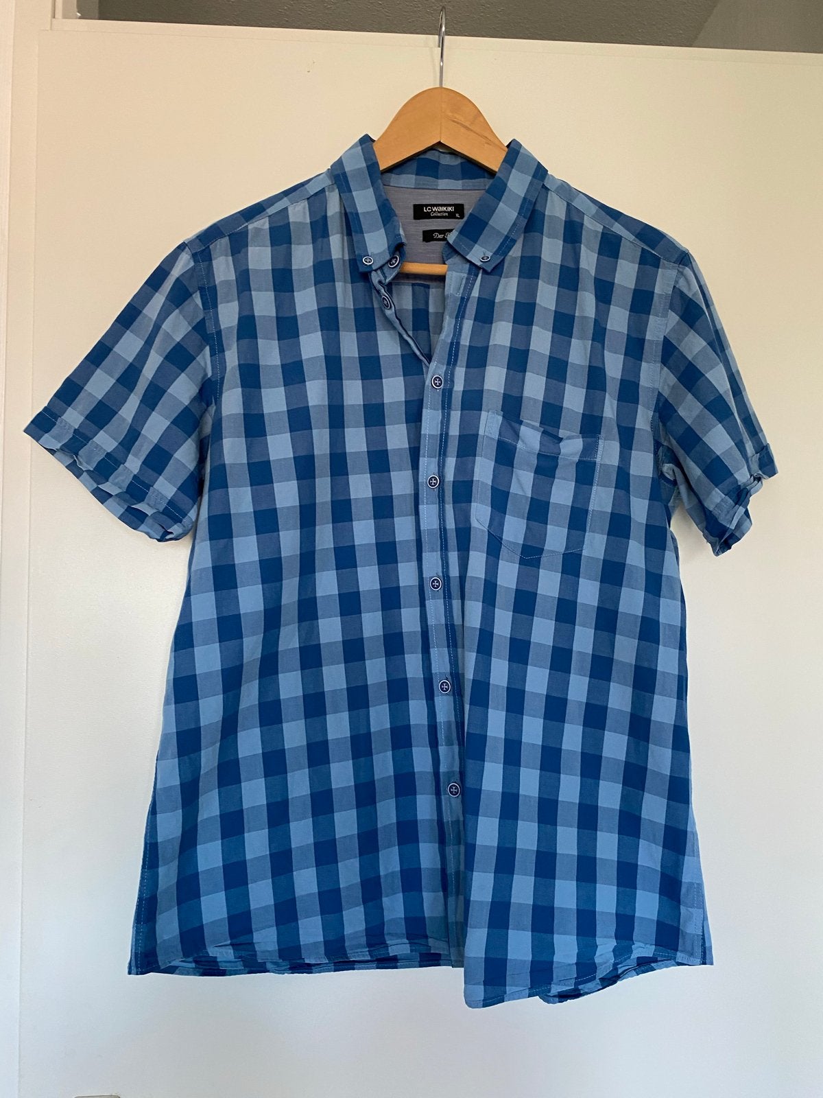 Heren overhemd met korte mouwen - Blauw geruit, Kleding | Heren, Ophalen of Verzenden, Zo goed als nieuw, Blauw, Halswijdte 39/40 (M)