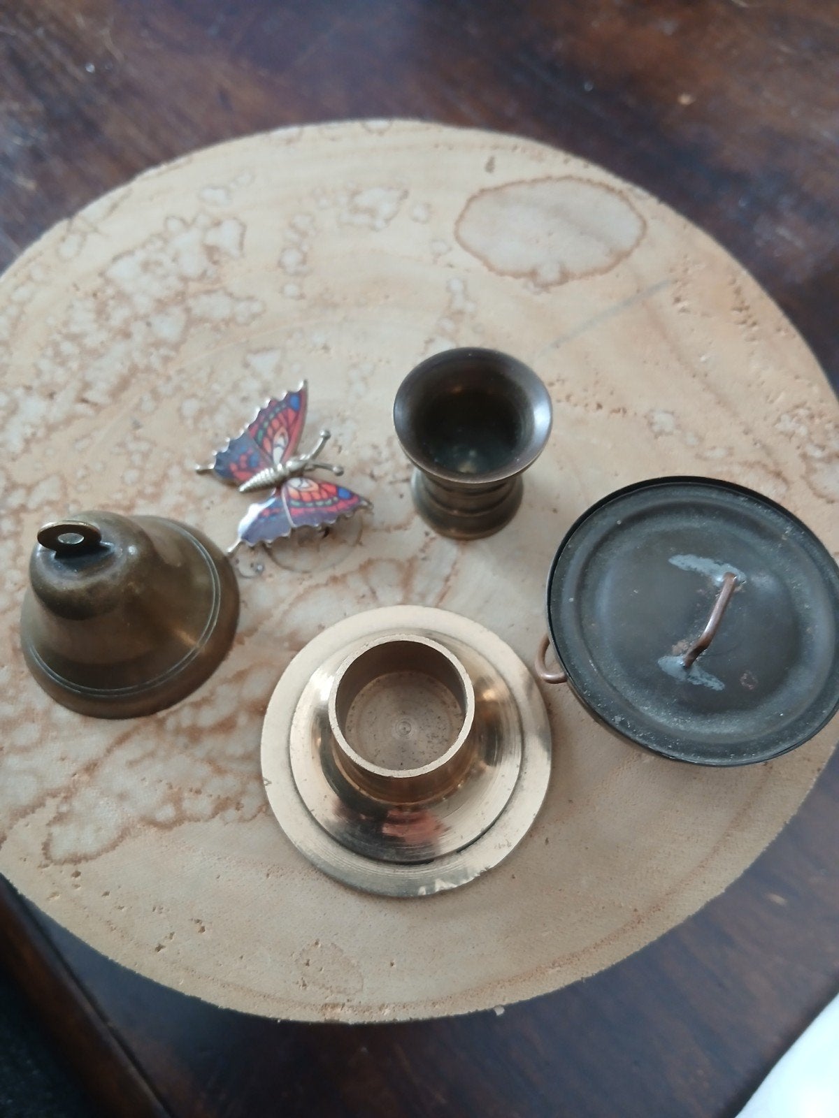 Vintage decoratie set: vlinder, bel, vijzel en schaaltjes, Ophalen of Verzenden