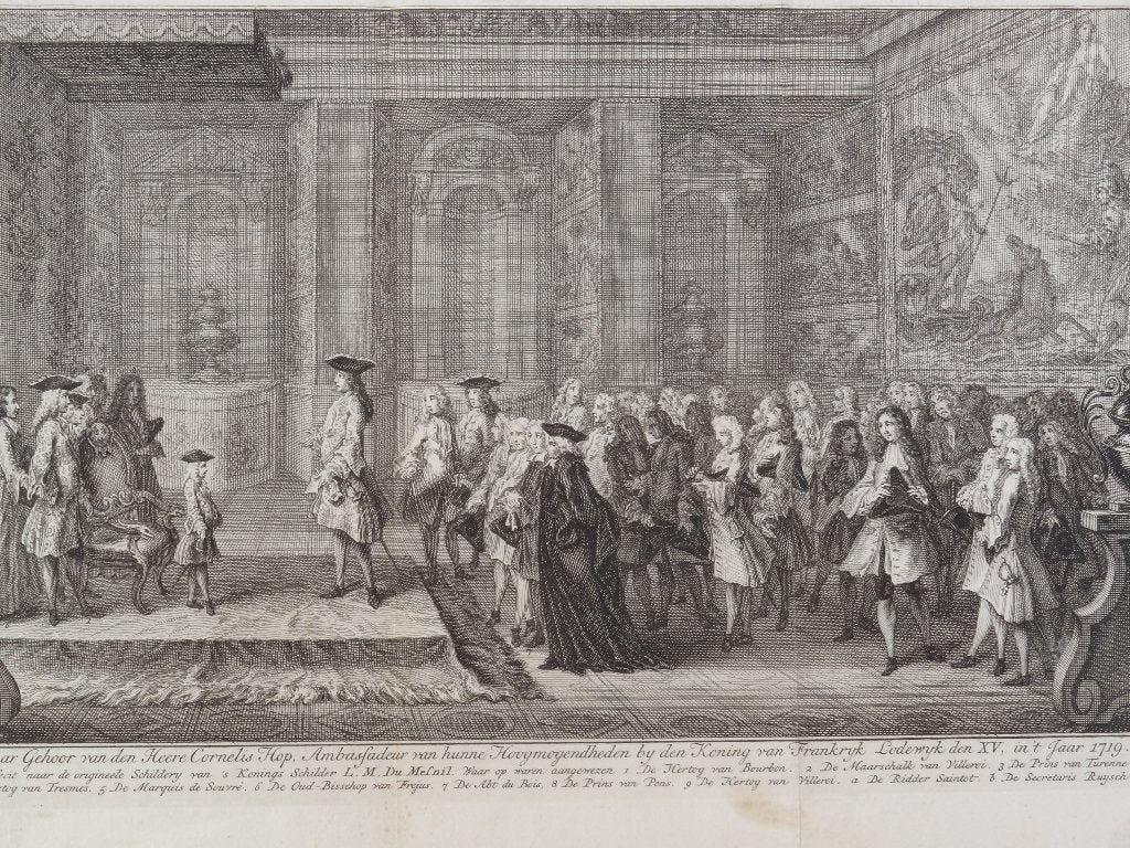 Gravure Openbaar gehoor Cornelis Hop bij Lodewijk XV 1719, Antiek en Kunst, Dagelijks leven, Ophalen of Verzenden, Gravure, Origineel