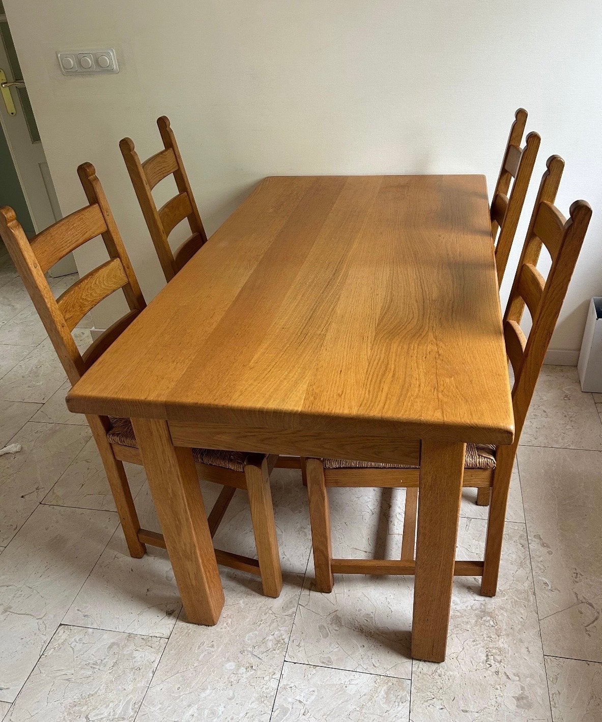 Uitschuifbare eettafel van licht eikenhout met 4 stoelen, Ophalen, Gebruikt, 100 tot 150 cm, Eikenhout
