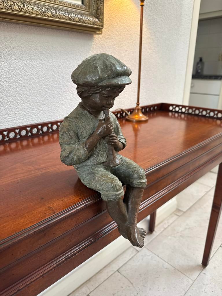 Bronzen beeldje jongen met fluit Geert Kunen Handwerk, Ophalen of Verzenden