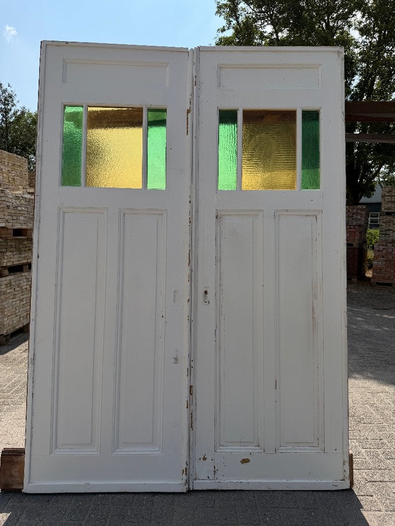 Set schuif / en-suite deuren met groen / geel glas 249x176cm, Antiek en Kunst, Curiosa en Brocante, Ophalen