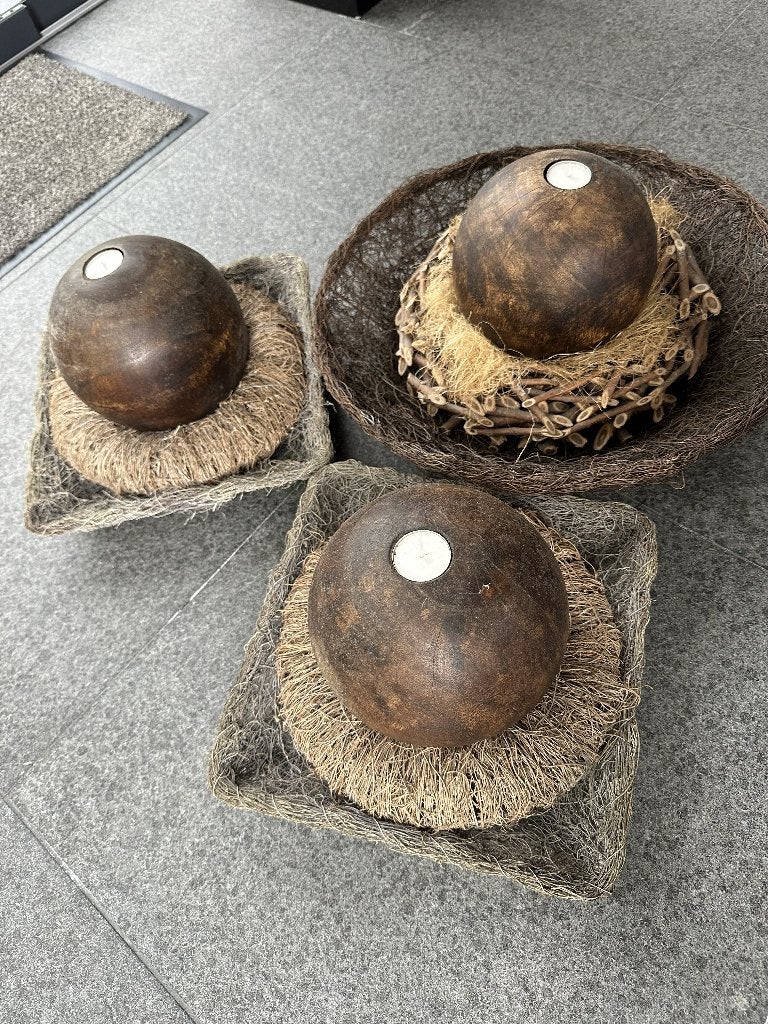 Te koop houten bol met kaartjes in mand, Gebruikt, Bruin, Ophalen of Verzenden, Kaars