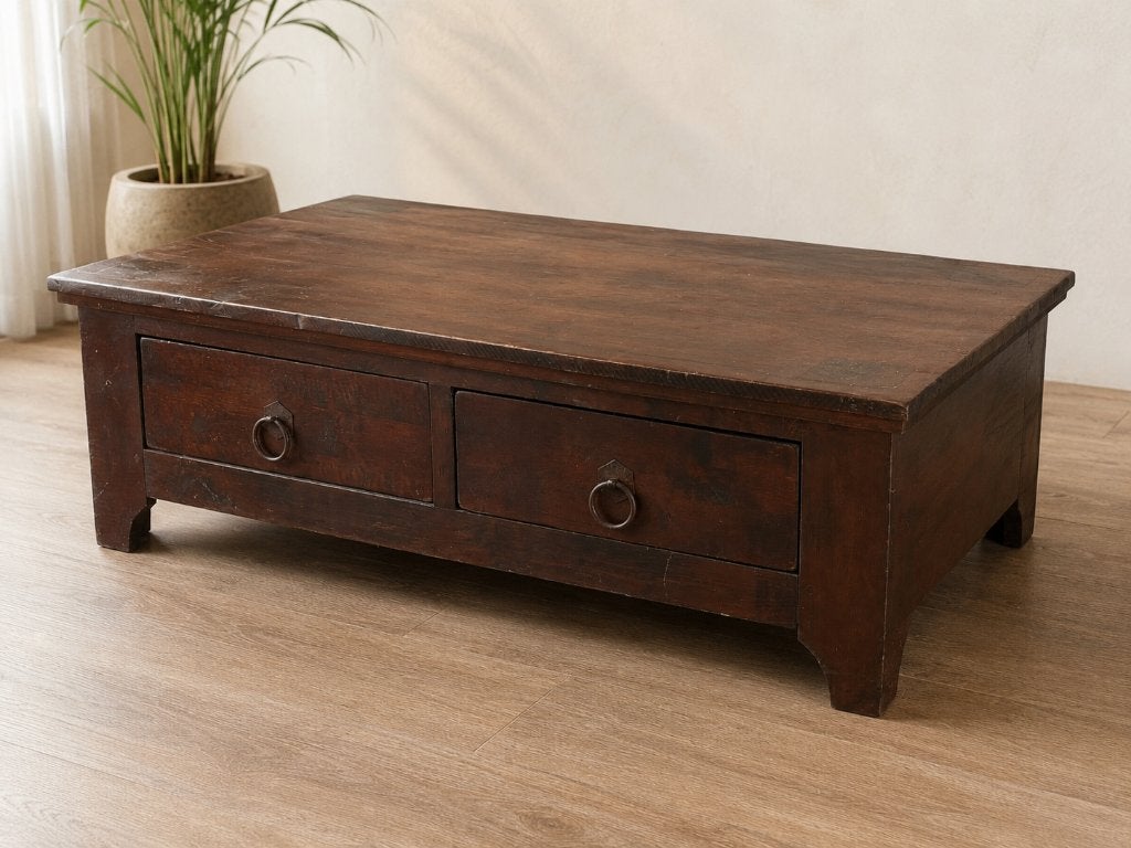 Teak houten salontafel met 2 lades, Ophalen, Gebruikt, 100 tot 150 cm, Koloniaal