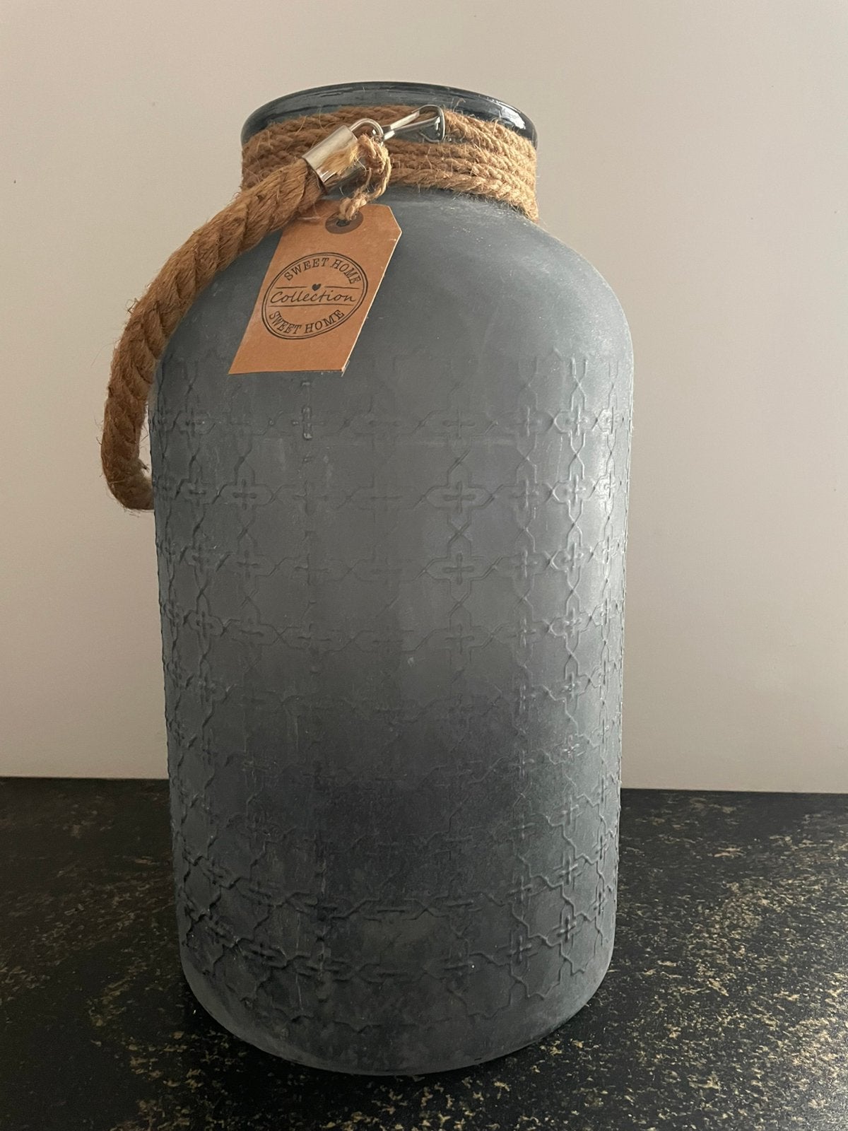 Grote vaas, lantaarn, met touw, blauw grijs, Ophalen of Verzenden, Zo goed als nieuw, Blauw, Glas