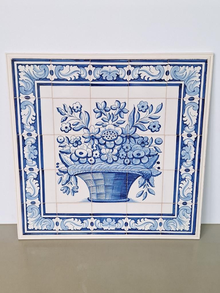 vintage 25-pas blauw tegeltableau bloemen-mand 75x75cm, Antiek en Kunst, Antiek | Wandborden en Tegels, Ophalen