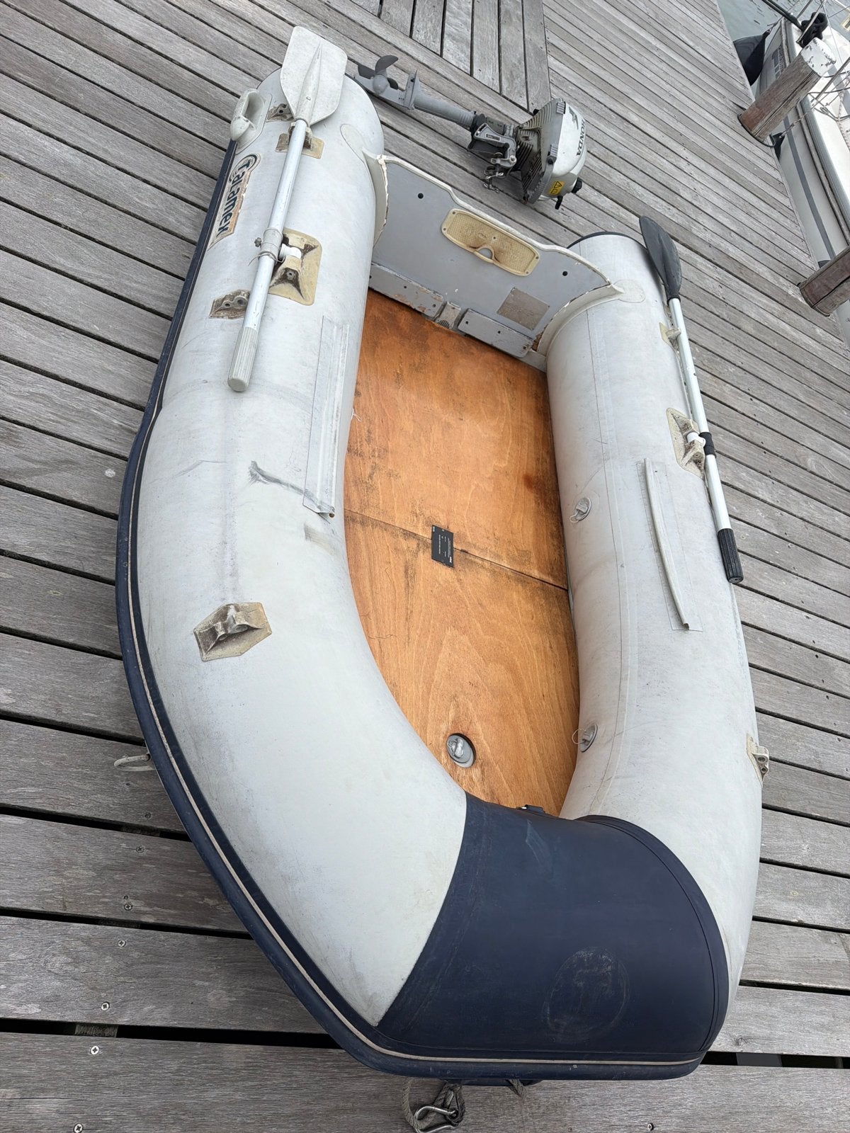 Talamex rubberboot met Honda 2.3 pk buitenboordmotor, Watersport en Boten, Rubberboten, Ophalen, Hout, Gebruikt, Inclusief motor