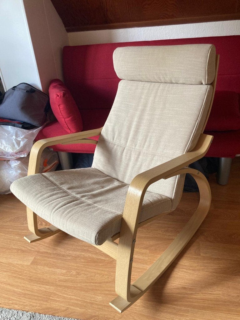 IKEA POÄNG schommelstoel – beige kussens, Ophalen, Overige kleuren, Zo goed als nieuw, Stof