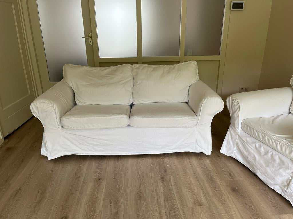 Witte 2-zits bank en fauteuil. T.E.A.B, Ophalen, Gebruikt, 150 tot 200 cm, Tweepersoons