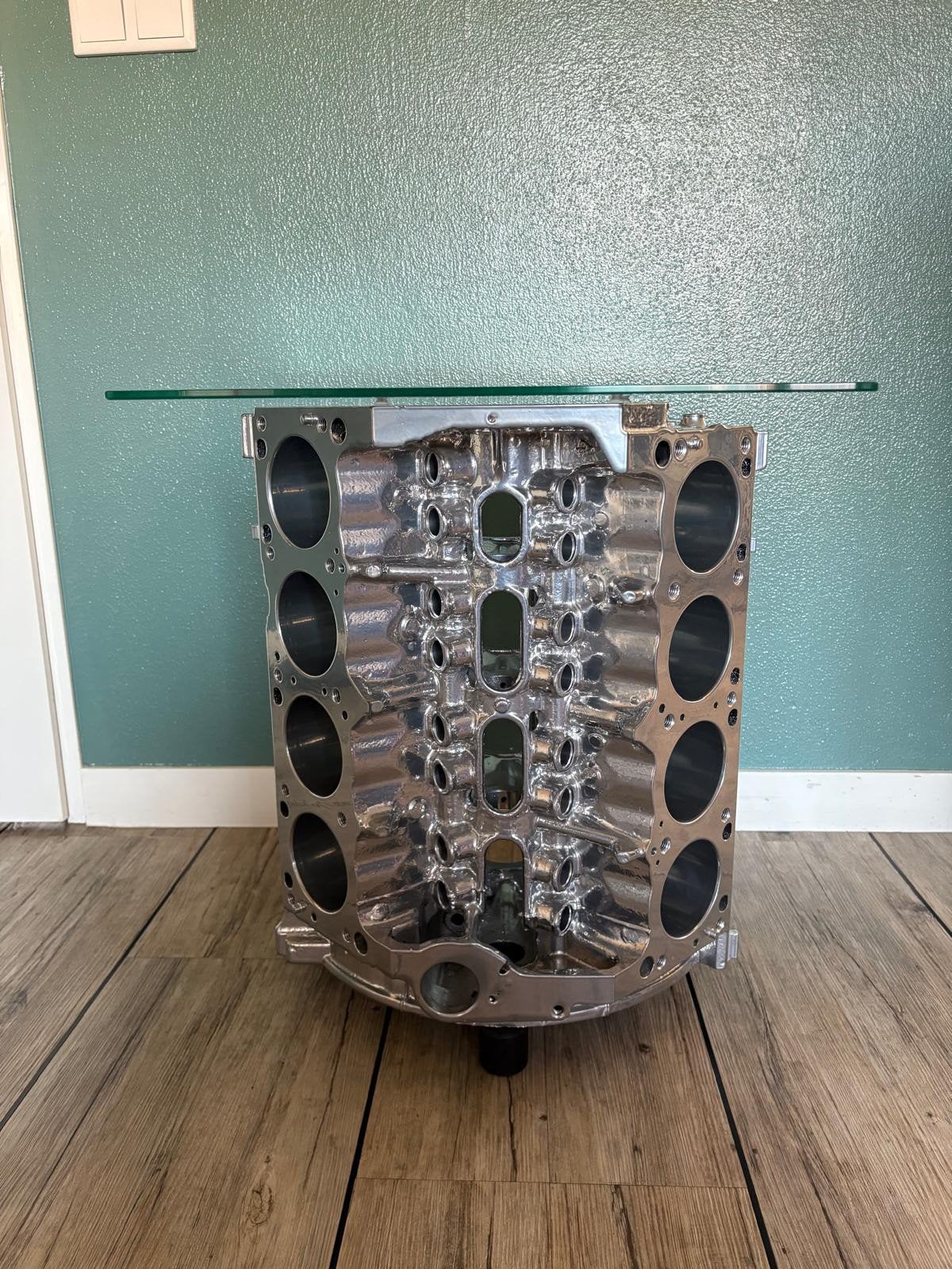 Motorblok tafel V8  wijnrek salontafel mancave, Ophalen, 50 – 75, Minder dan 50 cm, Gebruikt