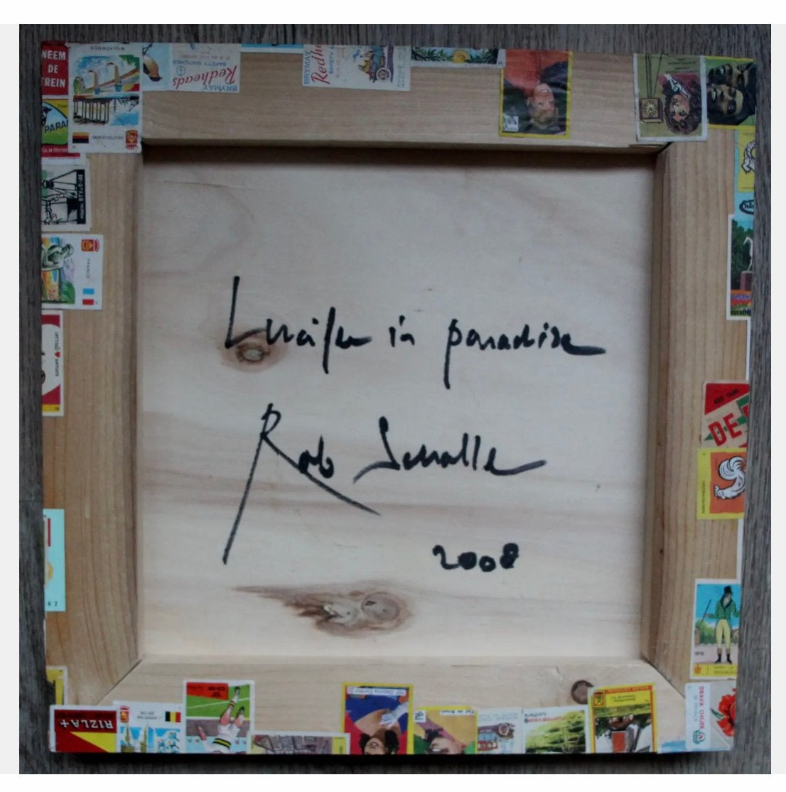 Collage op paneel van Rob Scholte.Titel: Lucifer in Paradise, Antiek en Kunst, Ophalen of Verzenden