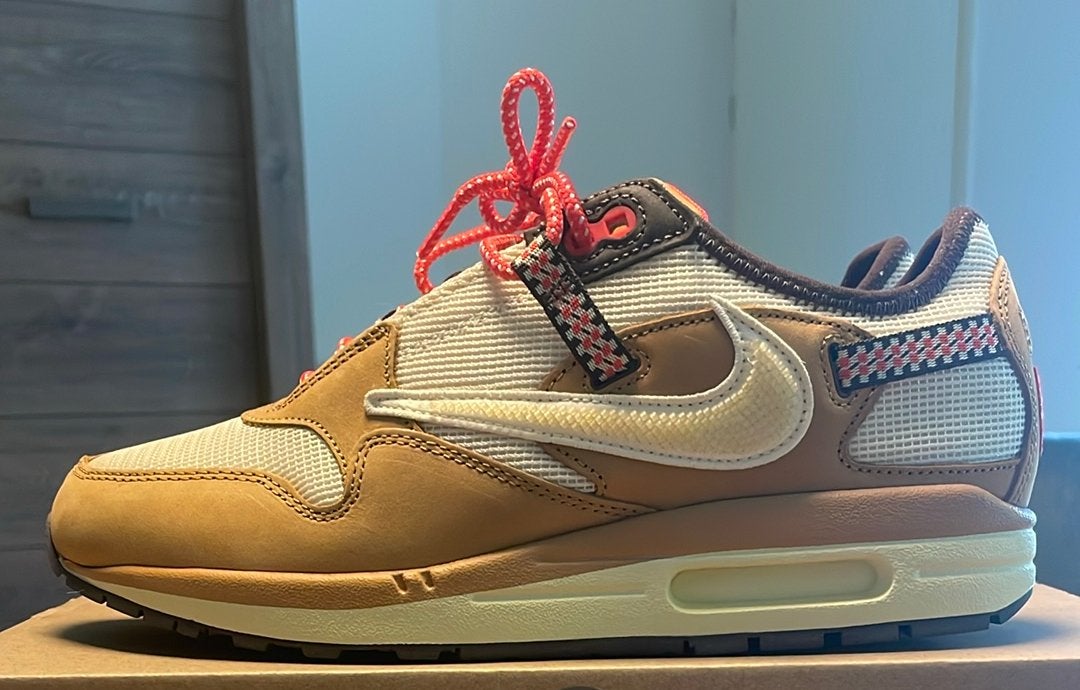 Nike air max 1 travis scott Cactus Jack Wheat 43 ZGAN., Overige kleuren, Ophalen of Verzenden, Sneakers of Gympen, Zo goed als nieuw
