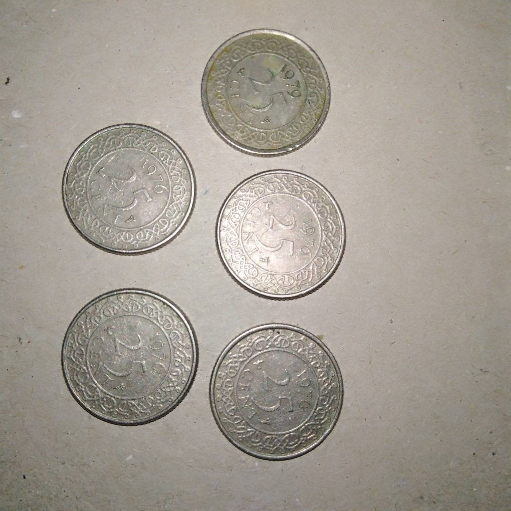 25 cent munt uit Suriname 5 stuks, Ophalen, Koningin Juliana, 25 cent, Losse munt