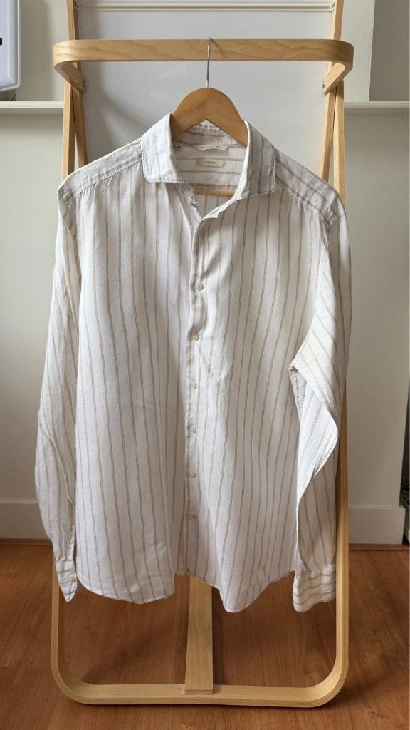 Suitsupply Pure Linen Leggiuno White Beige Striped Shirt, Verzenden, Wit, Zo goed als nieuw, Halswijdte 41/42 (L)