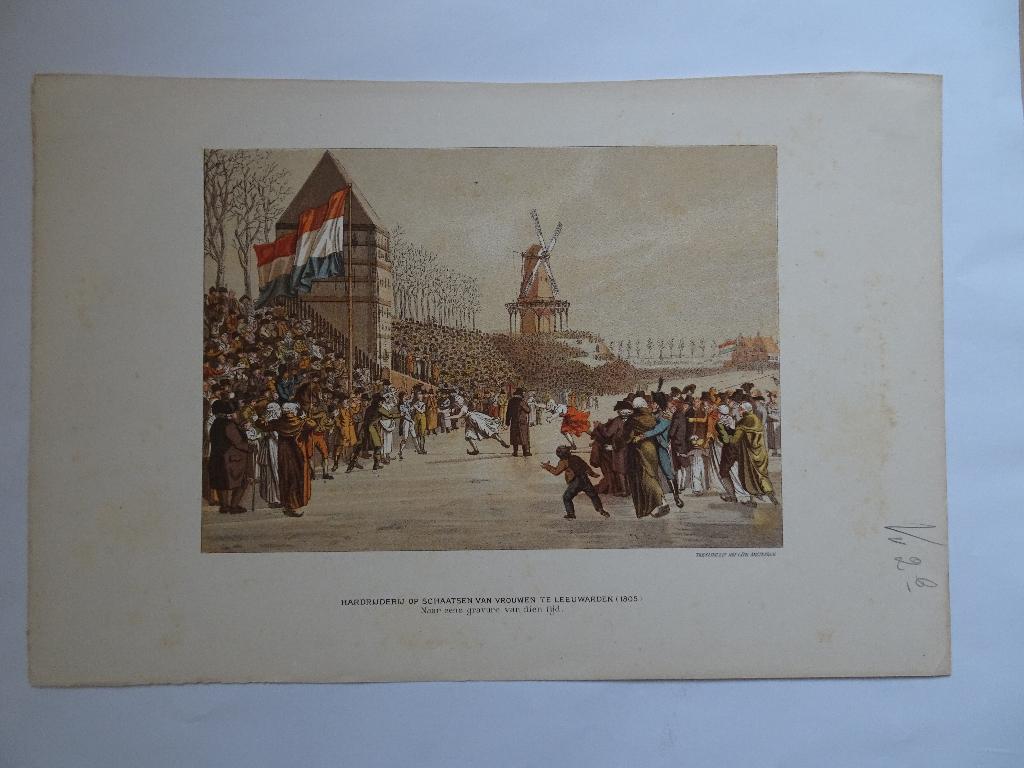 kleurlitho schaatswedstrijd vrouwen Leeuwarden 1805 Tresling, Antiek en Kunst, Kunst | Litho's en Zeefdrukken, Verzenden