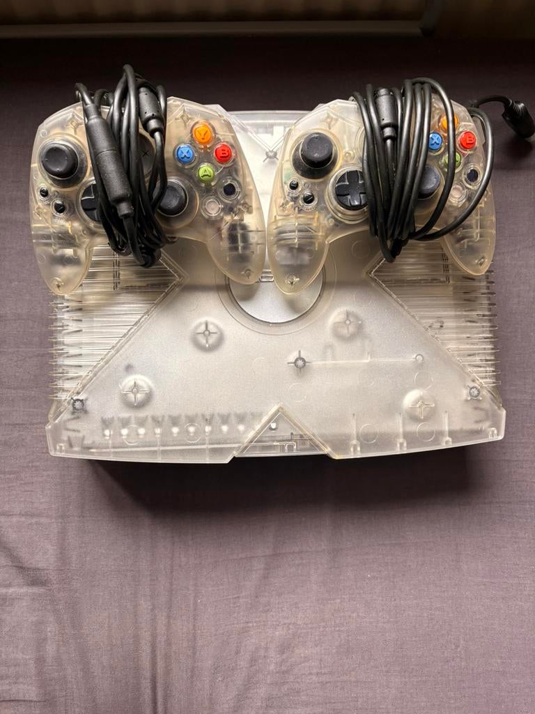 Xbox crystal classic met alle kabels + games, Ophalen, Gebruikt, Met 2 controllers, Crystal/doorzichtig