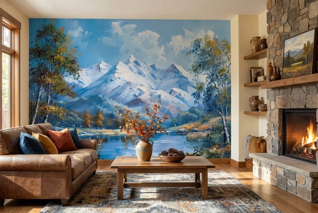 Bergen behang – blauw bergmeer op maat, Huis en Inrichting, Overige merken, Ophalen of Verzenden, Blauw, 5 tot 10 m²