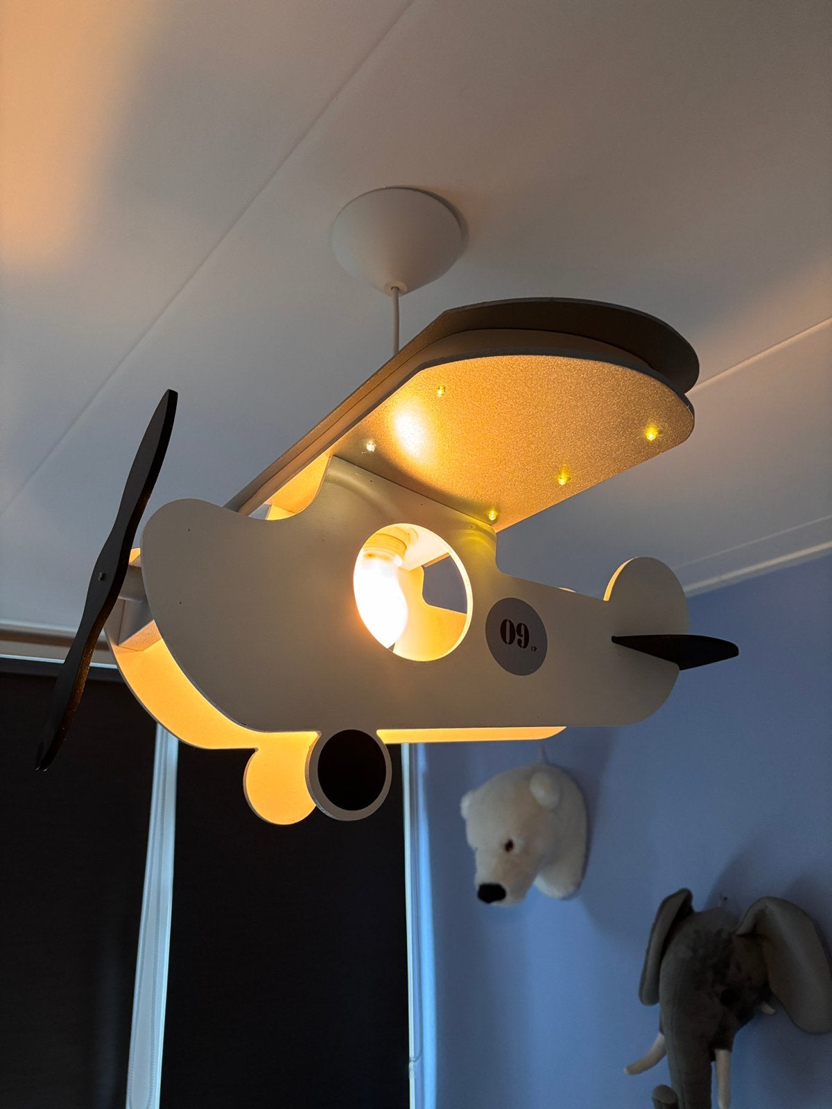 Stoere vliegtuiglamp, Ophalen, Zo goed als nieuw, Hout