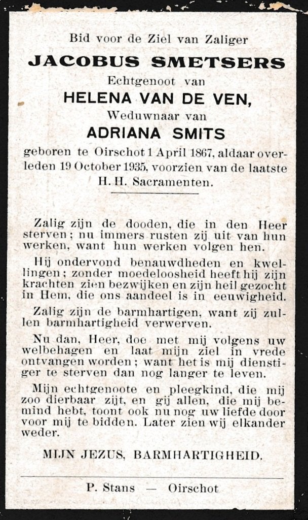 Smetsers Jacobus 1867 Oirschot 1935, Ophalen of Verzenden, Bidprentje