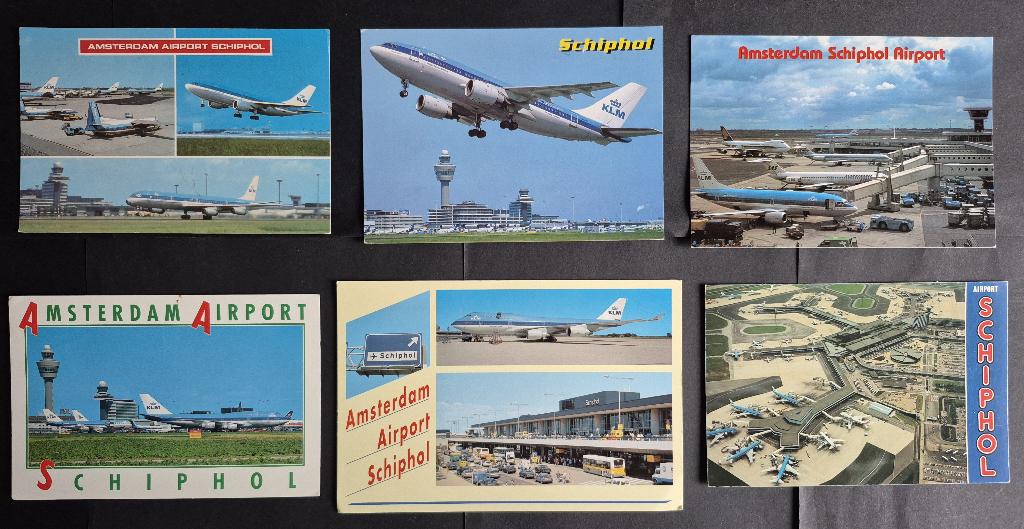 6 ansichtkaarten van Schiphol uit de jaren 70/80/90 (A240), Verzamelen, Ophalen of Verzenden, Gebruikt, Kaart, Foto of Prent