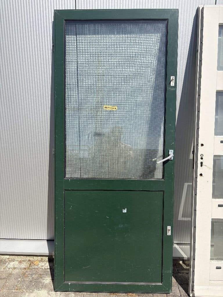 Aluminium buitendeur groen, geruit glas | 88,5x207 cm, Ophalen, Gebruikt, 80 tot 100 cm, Buitendeur