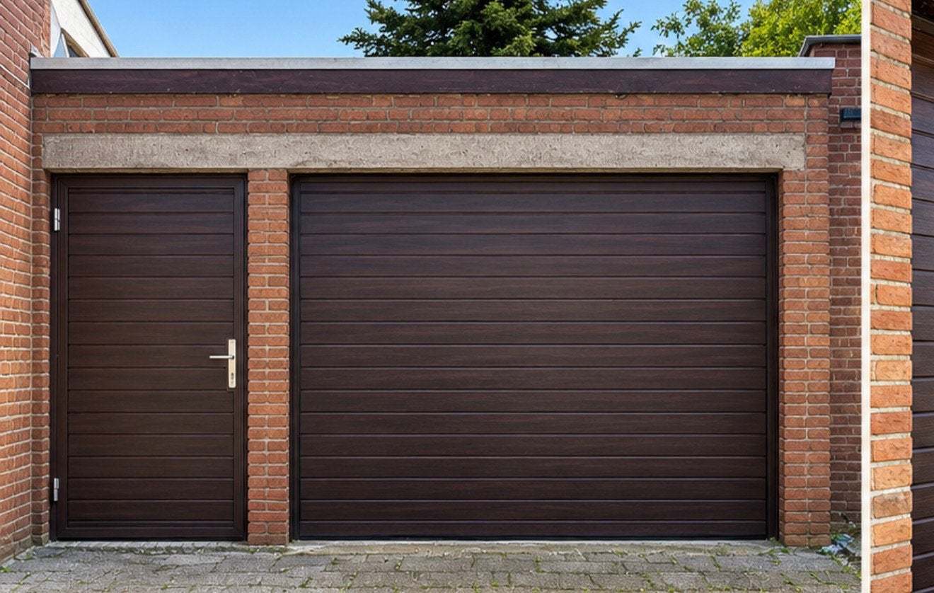 Z.g.a.n. elektrische garagepoort + loopdeur houtlook, Ophalen, 120 cm of meer, Overige typen, Zo goed als nieuw