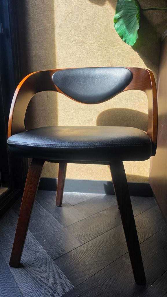 Japandi Eetkamerstoelen - Gebogen Hout & Zwart Leer (4 st.), Huis en Inrichting, Stoelen, Ophalen, Japandi, Gebruikt, Zwart
