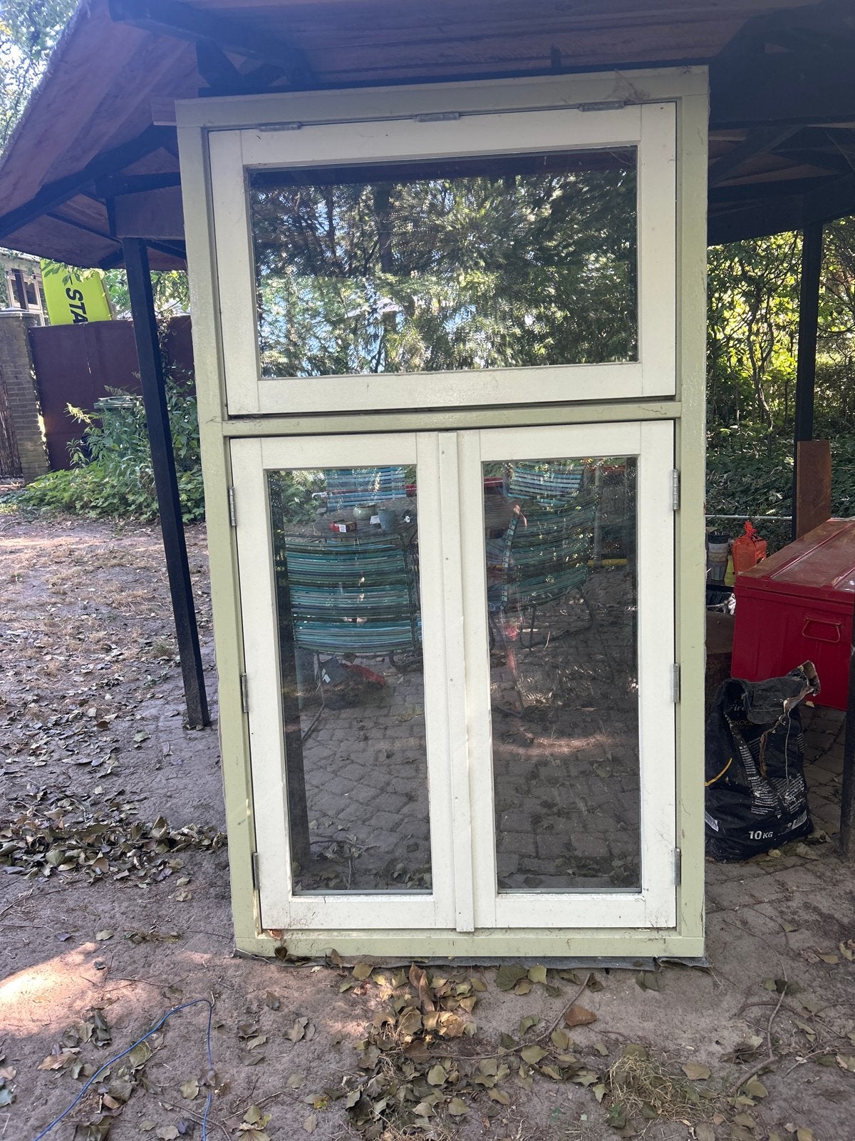 Hardhouten kozijn met bovenraam en openslaande ramen, Ophalen, Gevelraam of Ruit, Gebruikt, 80 tot 120 cm
