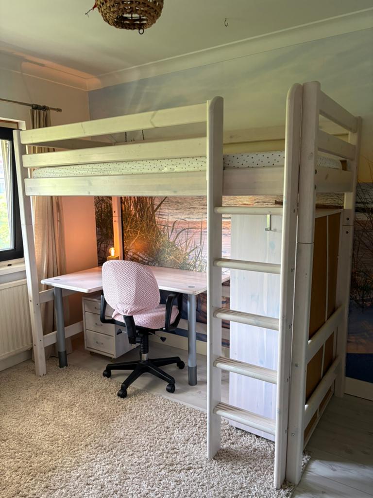 Flexa hoogslaper met kast, bureau, stoel en ladeblok, Eenpersoons, 160 tot 180 cm, Ophalen of Verzenden, Zo goed als nieuw