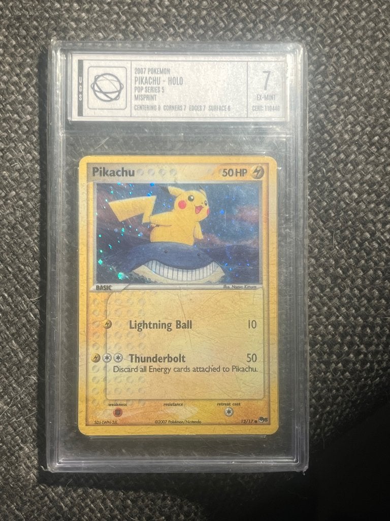 Pokémon kaart Pikachu holo 2007 pop series 5 misprint error, Ophalen of Verzenden, Zo goed als nieuw, Losse kaart, Foil