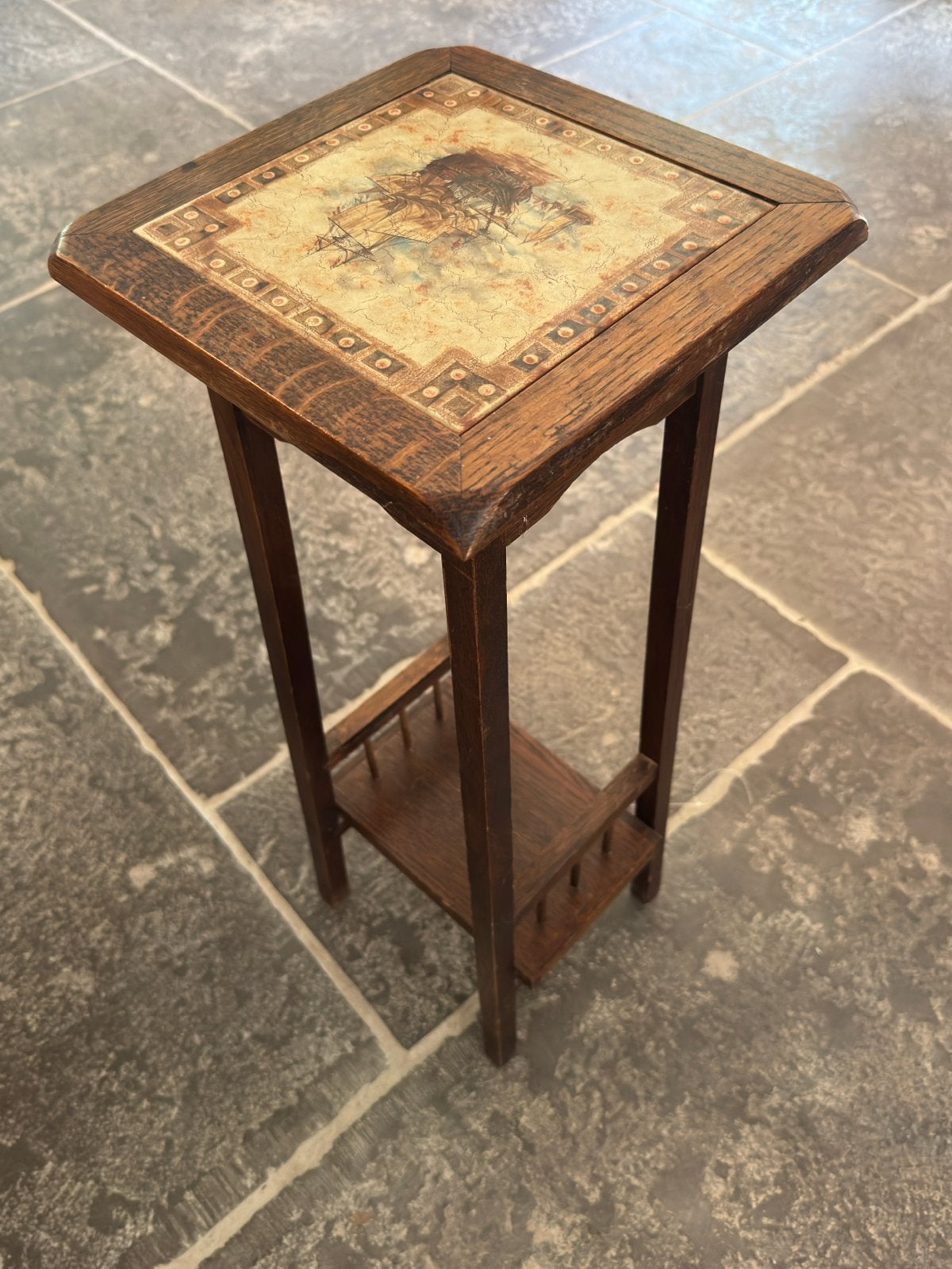 Antieke houten plantentafel met tegeltableau schepen, Ophalen of Verzenden