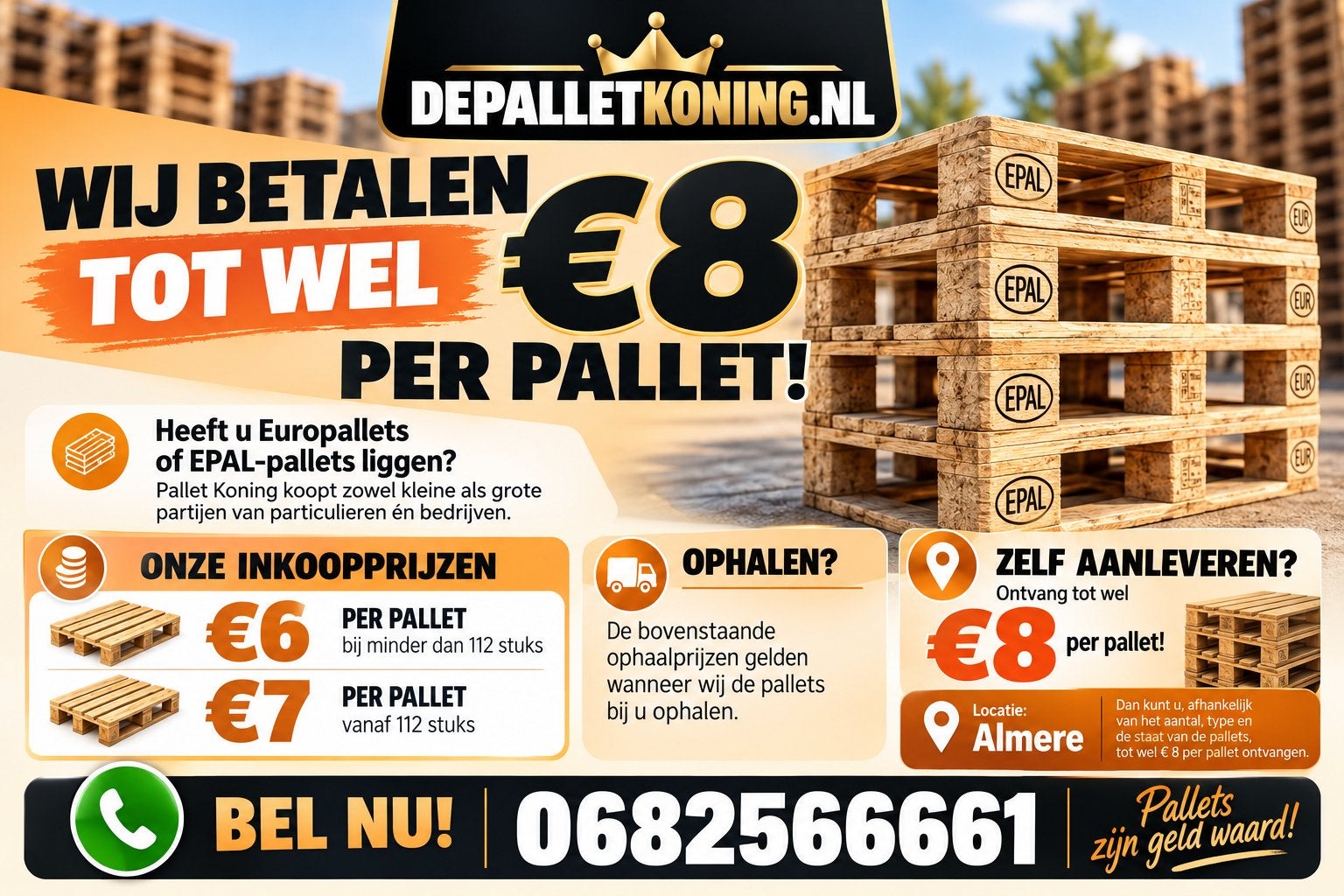 Gezocht europallets⚠️wij kopen in voor € 8,- 06 82 56 66 61