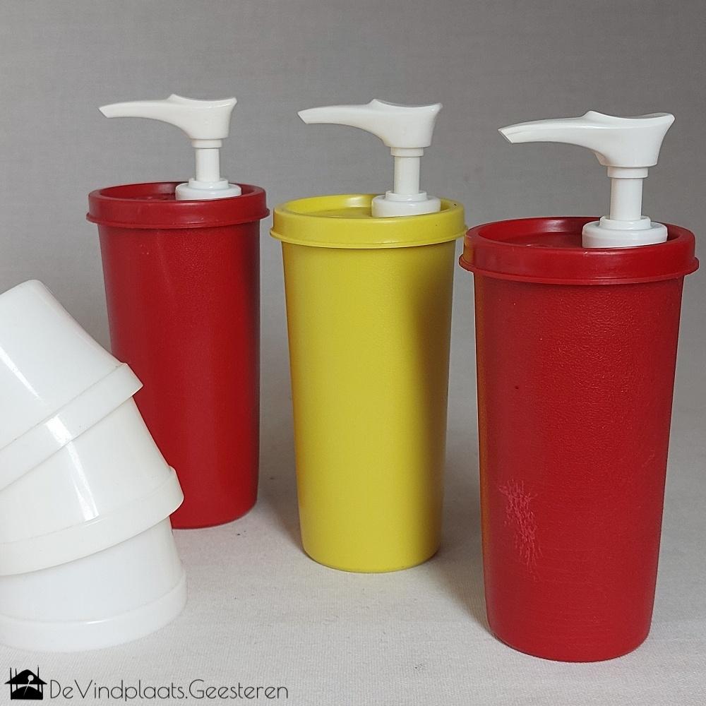 Tupperware ketchup en mosterd dispensers, Huis en Inrichting, Keuken | Tupperware, Zo goed als nieuw, Overige typen, Geel, Wit