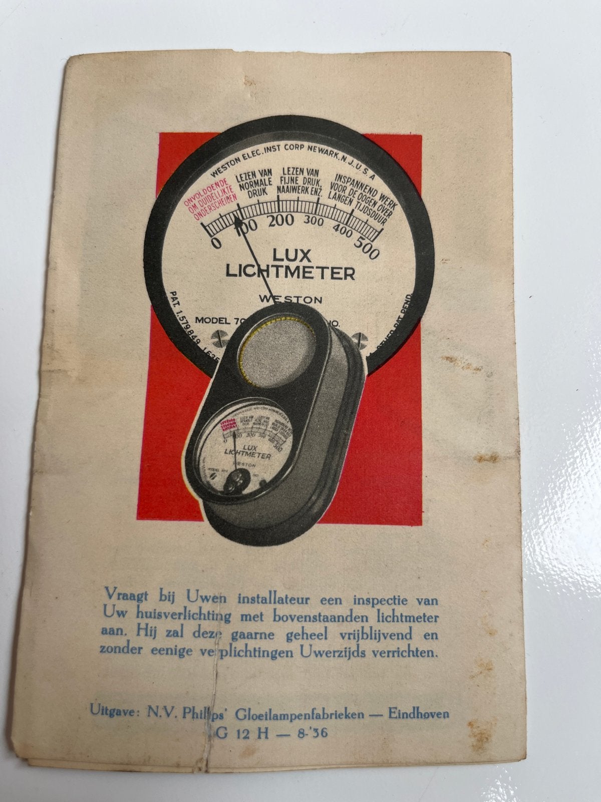 Zeldzame Philips Lux Lichtmeter Folder uit 1936, Ophalen of Verzenden, Zo goed als nieuw, Folder