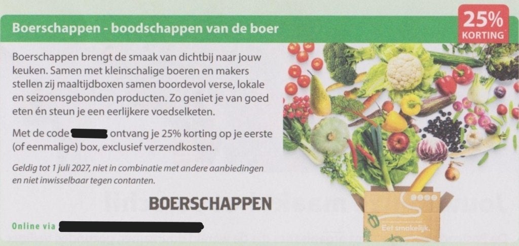 Boerschappen - boodschappen van de boer. 25% korting., Eén persoon, Kortingsbon, Warenhuis- of Winkelbon