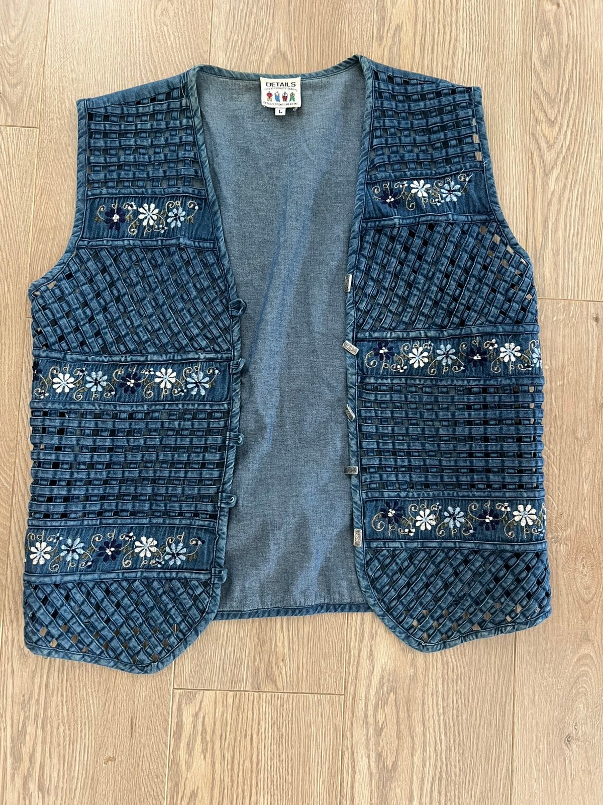 Vintage denim gilet bloemen, Kleding | Dames, Truien en Vesten, Ophalen of Verzenden, Zo goed als nieuw, Blauw