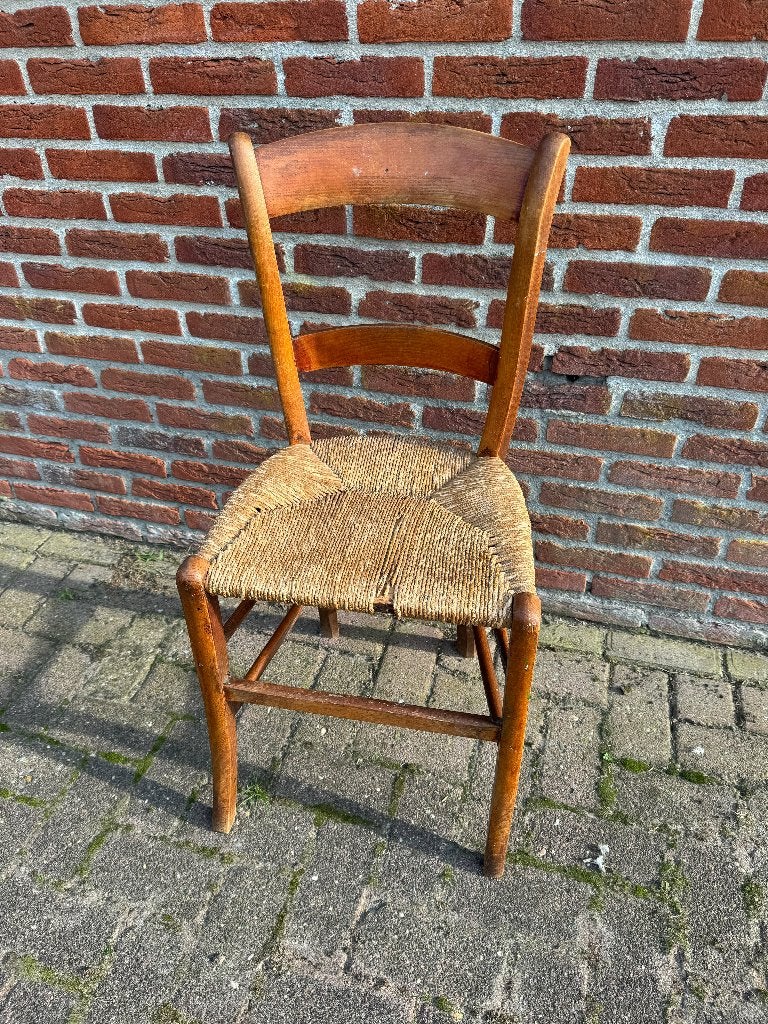 Vintage houten stoel met rieten zitting, Ophalen, Gebruikt, Bruin, Vintage, Landelijk, Brocante